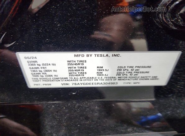 7SAYGDEE5RA304983 2024 TESLA MODEL Black VIN კოდის სტიკერის ხედი