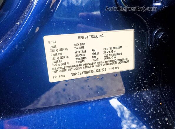 7SAYGDEE5RA317524 2024 TESLA MODEL Blue Vista del compartimento del motor
