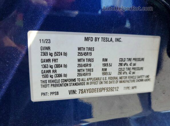 7SAYGDEE6PF939212 2023 TESLA MODEL Blue ძრავის განყოფილების ხედი