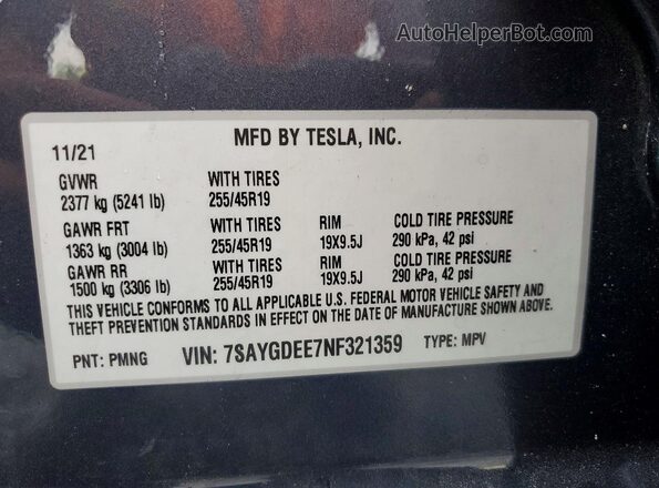 7SAYGDEE7NF321359 2022 TESLA MODEL Gray VIN კოდის სტიკერის ხედი