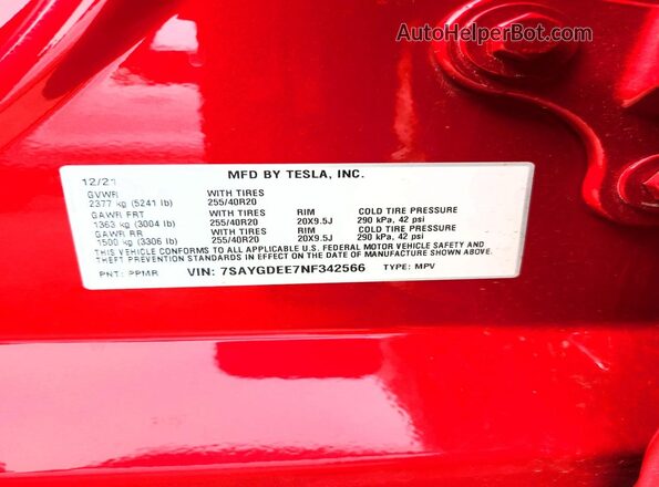 7SAYGDEE7NF342566 2022 TESLA MODEL Red Vista del compartimento del motor