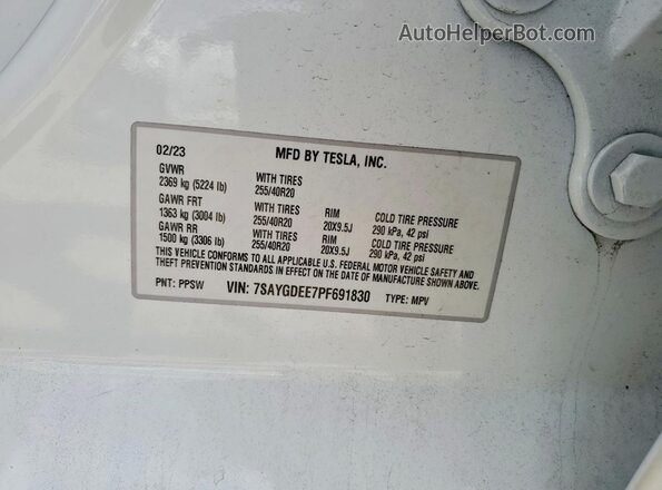 7SAYGDEE7PF691830 2023 TESLA MODEL Белый Вид наклейки с VIN-кодом