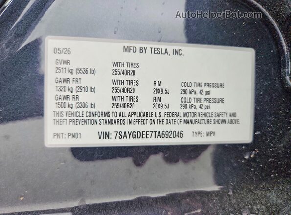 7SAYGDEE7TA692046 2026 TESLA MODEL Gray VIN კოდის სტიკერის ხედი