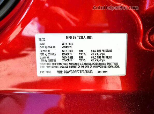 7SAYGDEE7TF395183 2026 TESLA MODEL Red VIN կոդի պիտակի տեսք