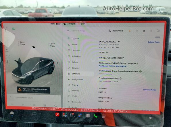 7SAYGDEE7TF403007 2026 TESLA MODEL Gray ხელსაწყოთა პანელის ხედი