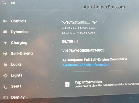 7SAYGDEE8NF574805 2022 TESLA MODEL Белый Вид щитка приборов