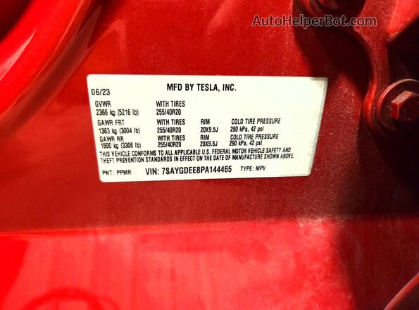 7SAYGDEE8PA144465 2023 TESLA MODEL Red ძრავის განყოფილების ხედი