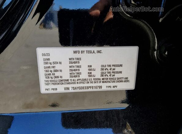 7SAYGDEE8PF816799 2023 TESLA MODEL Black VIN կոդի պիտակի տեսք