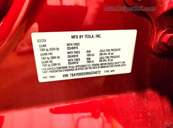 7SAYGDEE8RA234072 2024 TESLA MODEL Red Vista de la etiqueta del VIN
