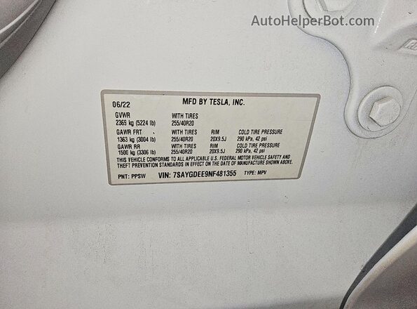 7SAYGDEE9NF481355 2022 TESLA MODEL White VIN sticker view