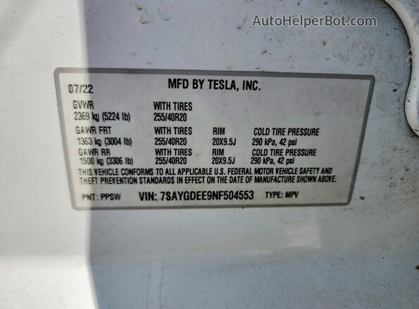 7SAYGDEE9NF504553 2022 TESLA MODEL White Вид підкапотного простору