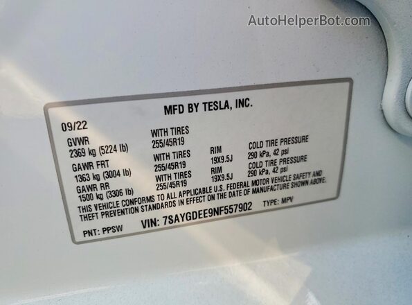 7SAYGDEE9NF557902 2022 TESLA MODEL Белый Панорамный вид салона 360°