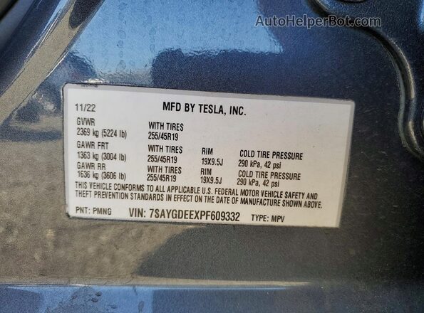 7SAYGDEEXPF609332 2023 TESLA MODEL Gray VIN sticker view