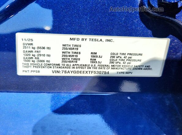 7SAYGDEEXTF530754 2026 TESLA MODEL Blue VIN կոդի պիտակի տեսք