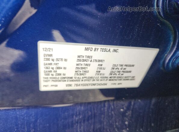 7SAYGDEF0NF345494 2022 TESLA MODEL Blue სალონის 360-გრადუსიანი ხედი