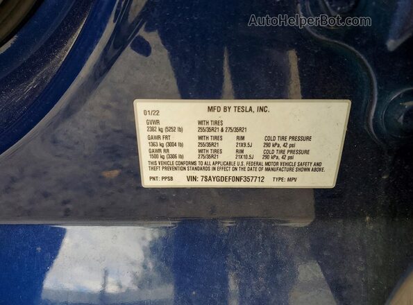 7SAYGDEF0NF357712 2022 TESLA MODEL Синий Вид наклейки с VIN-кодом
