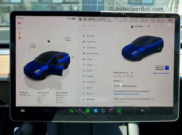 7SAYGDEF0PF660170 2023 TESLA MODEL Blue Սարքավորումների վահանակի տեսք