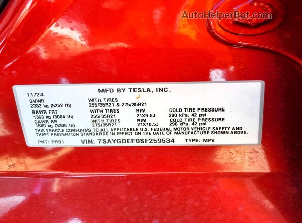 7SAYGDEF0SF259534 2025 TESLA MODEL Red ძრავის განყოფილების ხედი