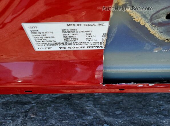 7SAYGDEF1PF977276 2023 TESLA MODEL Red Вид наклейки з VIN-кодом