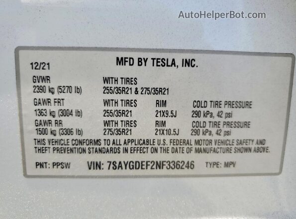 7SAYGDEF2NF336246 2022 TESLA MODEL White 360 interior view