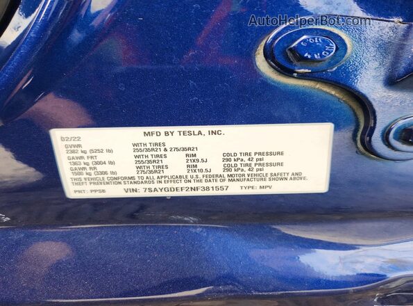 7SAYGDEF2NF381557 2022 TESLA MODEL Blue 360 interior view