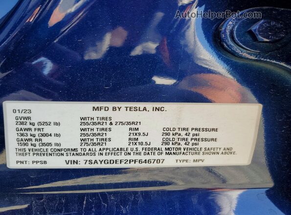7SAYGDEF2PF646707 2023 TESLA MODEL Синий Вид наклейки с VIN-кодом
