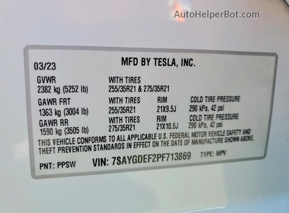 7SAYGDEF2PF713869 2023 TESLA MODEL White VIN sticker view