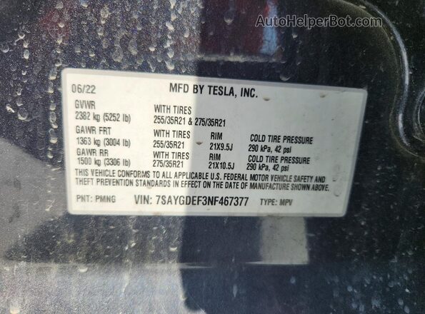 7SAYGDEF3NF467377 2022 TESLA MODEL Gray VIN sticker view