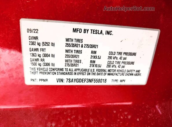 7SAYGDEF3NF558018 2022 TESLA MODEL Red ძრავის განყოფილების ხედი