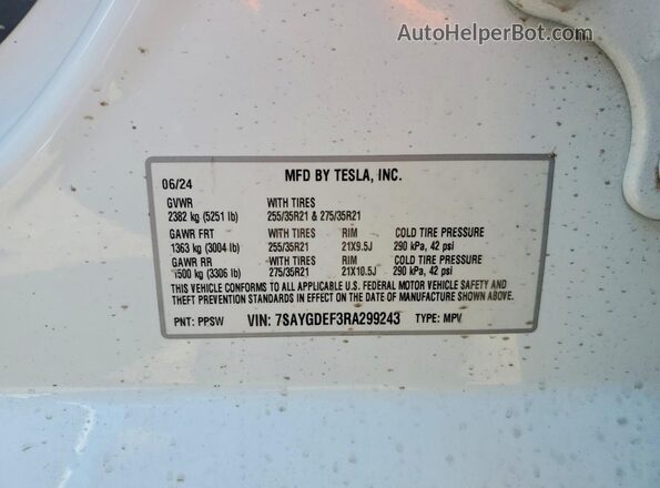 7SAYGDEF3RA299243 2024 TESLA MODEL Белый Вид наклейки с VIN-кодом