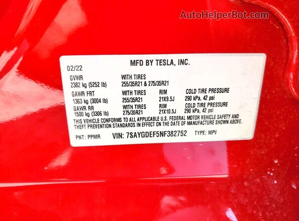 7SAYGDEF5NF382752 2022 TESLA MODEL Red Սալոնի 360 աստիճան տեսք