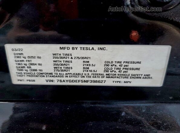 7SAYGDEF5NF398627 2022 TESLA MODEL Black Вид наклейки з VIN-кодом