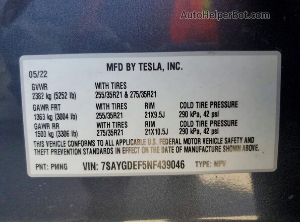 7SAYGDEF5NF439046 2022 TESLA MODEL Gray Widok wnętrza 360 stopni