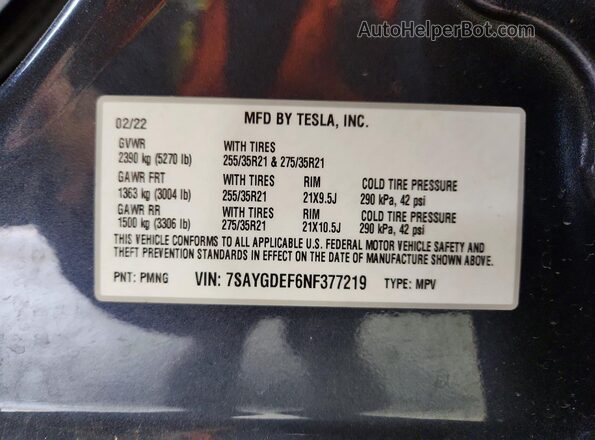 7SAYGDEF6NF377219 2022 TESLA MODEL Charcoal VIN sticker view