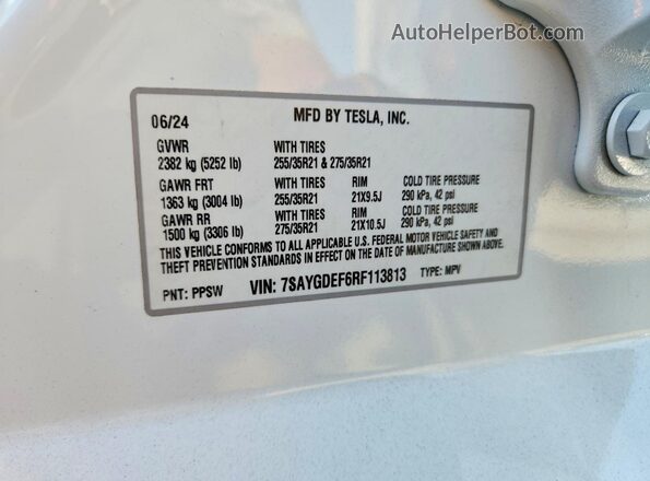 7SAYGDEF6RF113813 2024 TESLA MODEL White Vista de la etiqueta del VIN