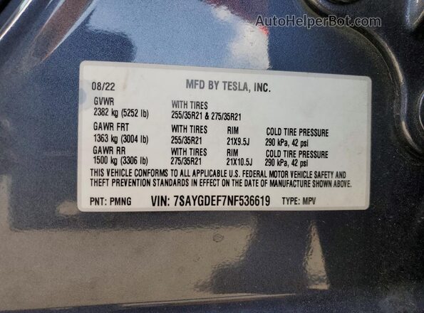 7SAYGDEF7NF536619 2022 TESLA MODEL Зеленый Панорамный вид салона 360°
