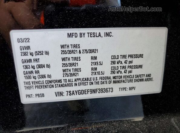 7SAYGDEF9NF393673 2022 TESLA MODEL Black Панорамний вид салону 360°