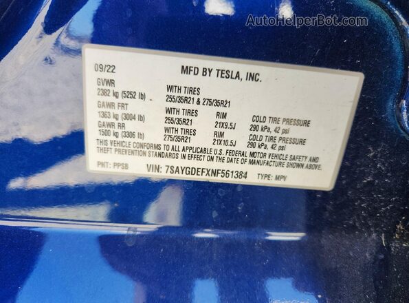 7SAYGDEFXNF561384 2022 TESLA MODEL Blue Widok naklejki z numerem VIN