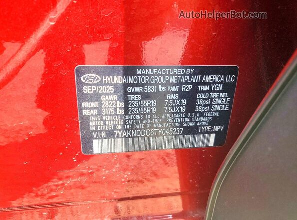 7YAKNDDC6TY045237 2026 HYUNDAI IONIQ Red Vista de la etiqueta del VIN