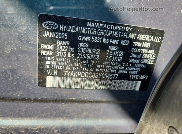 7YAKPDDC0SY004577 2025 HYUNDAI IONIQ Blue Вид наклейки з VIN-кодом