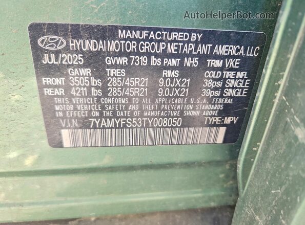 7YAMYFS53TY008050 2026 HYUNDAI IONIQ Green VIN კოდის სტიკერის ხედი