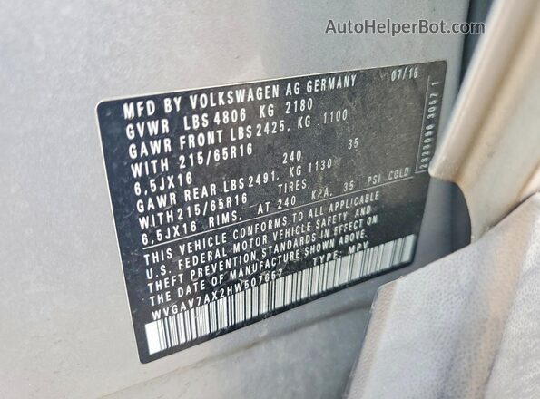 WVGAV7AX2HW507657 2017 VOLKSWAGEN TIGUAN Серебряный Панорамный вид салона 360°
