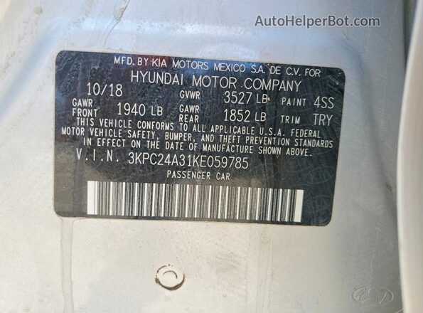 3KPC24A31KE059785 2019 HYUNDAI ACCENT Серебряный Вид наклейки с VIN-кодом