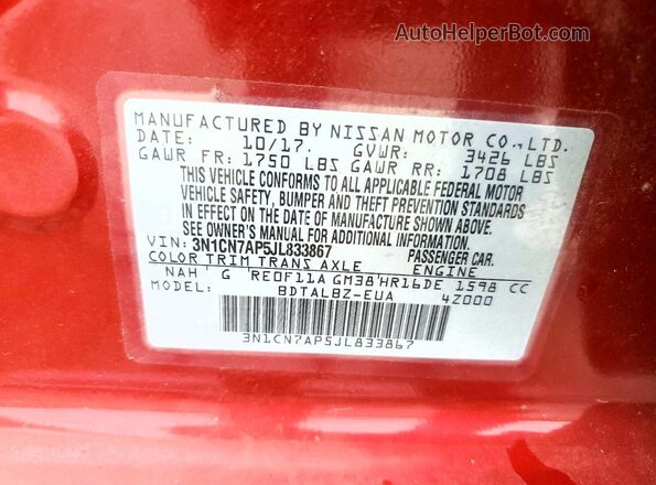 3N1CN7AP5JL833867 2018 NISSAN VERSA Red VIN კოდის სტიკერის ხედი