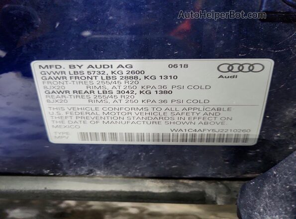 WA1C4AFY5J2210260 2018 AUDI SQ5 Синий Панорамный вид салона 360°