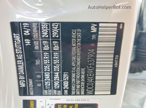 WDC0J4KB9KF637904 2019 MERCEDES-BENZ GLC-CLASS White Widok wnętrza 360 stopni