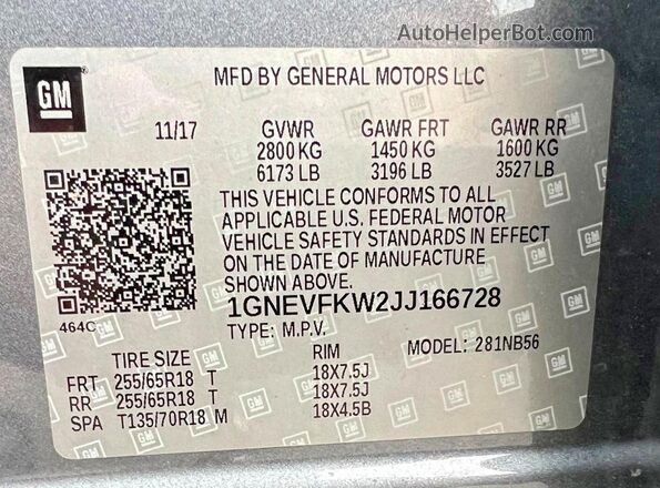 1GNEVFKW2JJ166728 2018 CHEVROLET TRAVERSE Gray უკანა სალონის ხედი
