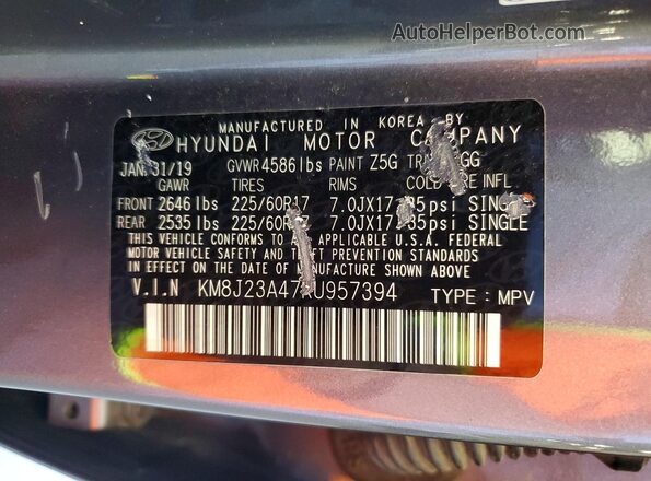 KM8J23A47KU957394 2019 HYUNDAI TUCSON Gray Vista interior de 360 grados