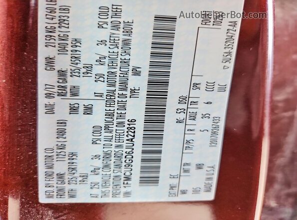 1FMCU9GD6JUA22816 2018 FORD ESCAPE Red Вид наклейки з VIN-кодом