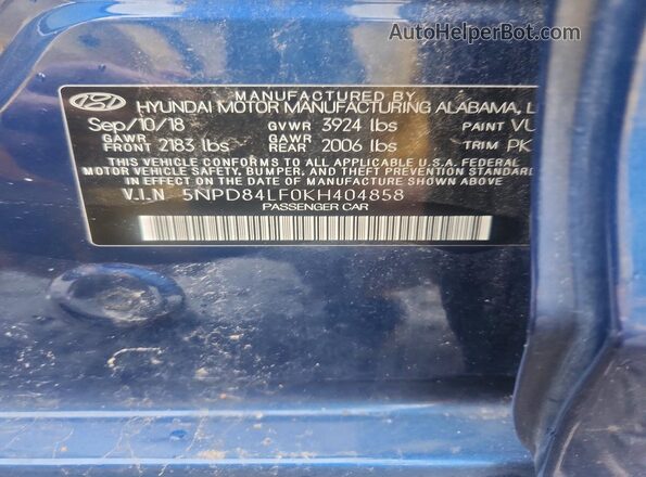 5NPD84LF0KH404858 2019 HYUNDAI ELANTRA Синий Вид наклейки с VIN-кодом